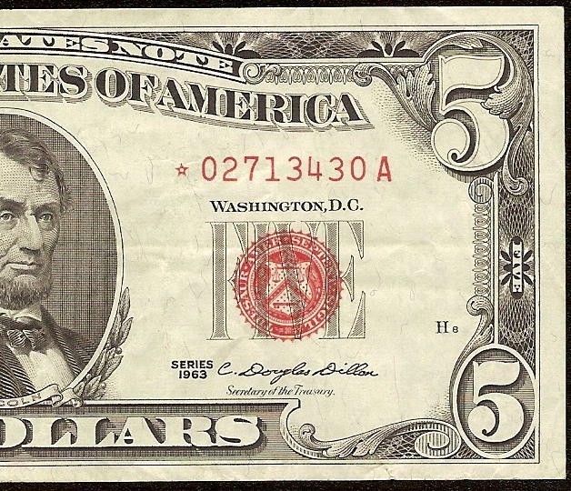 1963 $5 DOLLAR BILL * STAR * NOTE UNITED STATES LEGAL TENDER RED SEAL 