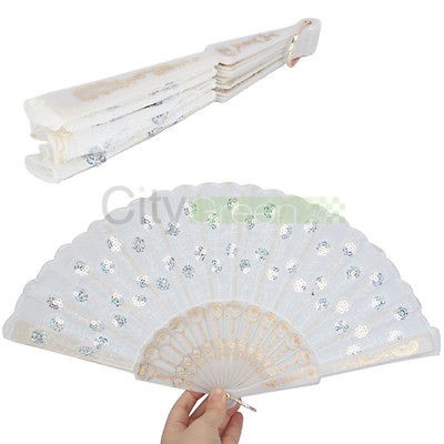   Fabric Hand Held Fan Xmas Party Dancing Wedding Fan Sequins White