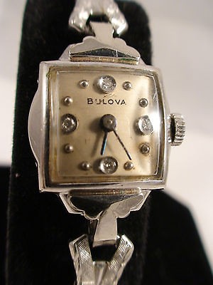 DECO ANTIQUE 1950 10K WHITE GOLD FILL SWISS BULOVA RHINESTONES 