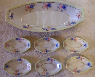 Antique 7 PC China Celery & Salt Dishes w/Gold Gild Floral Design Made 