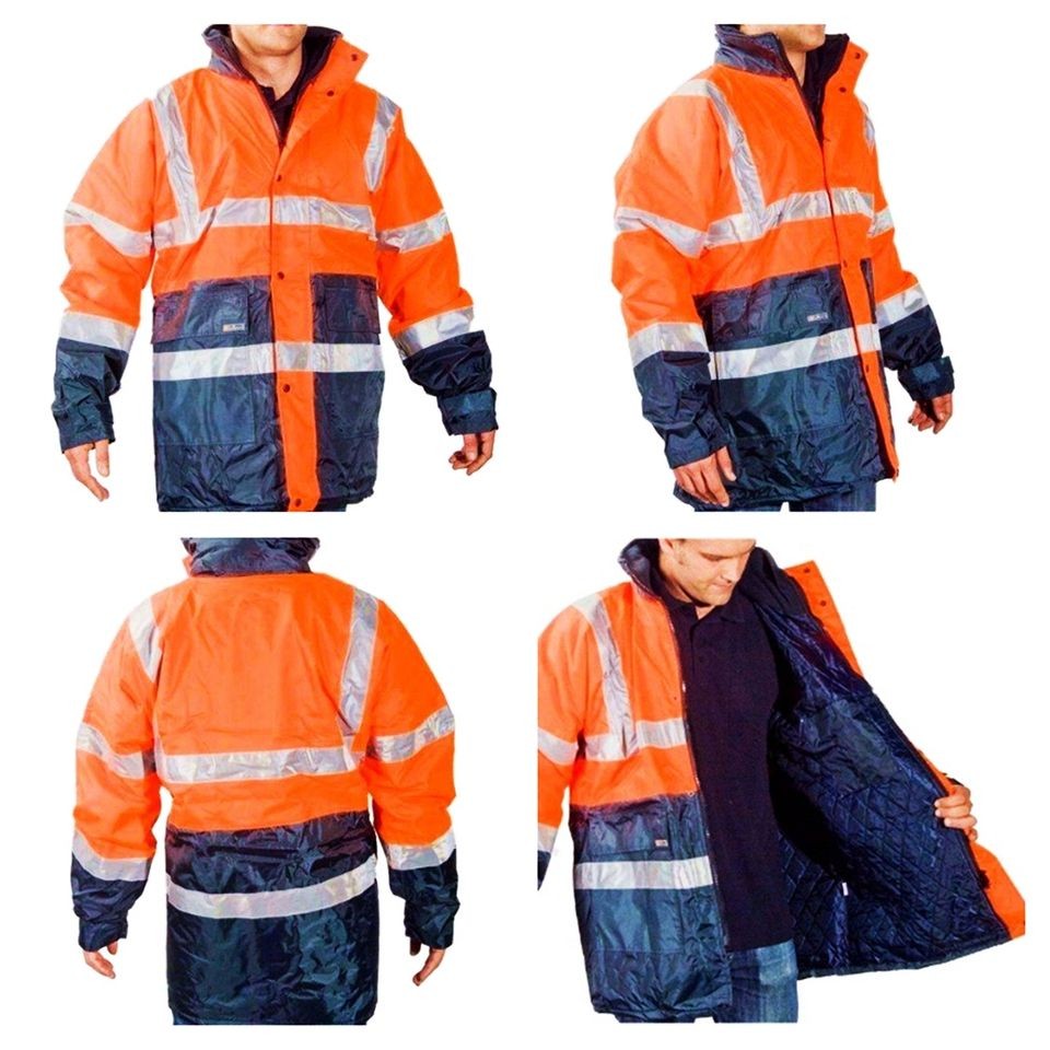 Mens Frontier Alaskan Hi Vis Jacket Waterproof Lined Orange Navy Sz 