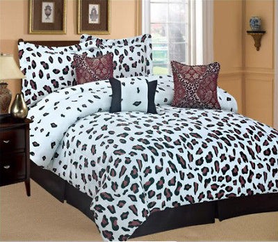 7PC Zambia Snow Leopard Animal Comforter Set BLUE QUEEN