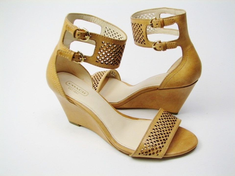    Tan Vachetta Cut Out Leather Ankle Cuff Wedge Sandals NIB US 7.5