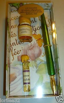 ELEGANT ITALIAN GREEN GLITTER WOODEN & BRASS NIB DIP PEN WRITING SET