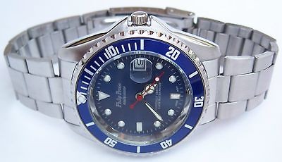 New Mens Philip Persio WaterProof to 100 Feet Diver Blue Submariner 