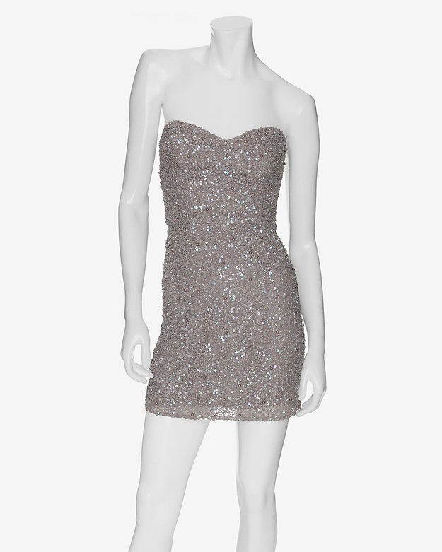 PARKER CLUSTER SEQUIN BEADED PEARL STRAPLESS SWEETHEART DRESS SILVER 