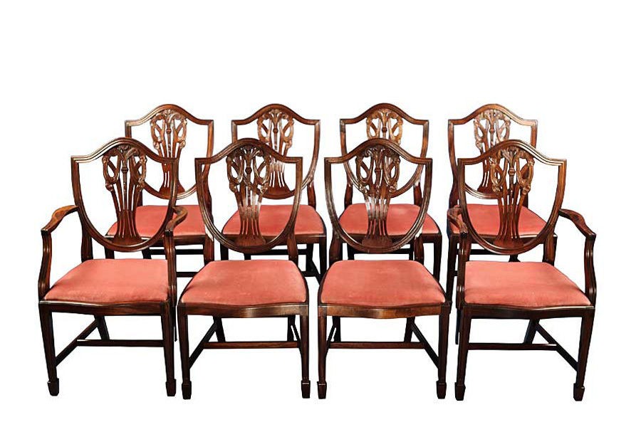 Regency Antique Style Set of Eight English Mahogany Shield Back Dining 