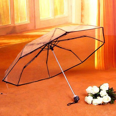   Women New Clear Folding Transparent Sun/Rain Umbrella With Black Trim