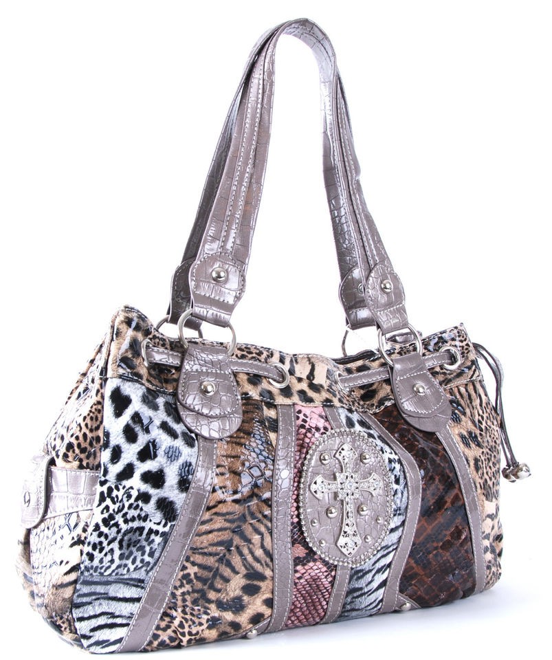 Marie PEWTER WESTERN CROSS Rhinestone Animal Print Purse