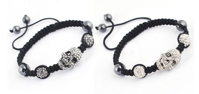 Handmade Silver Tone Skull&Square Hematite Rhinestone Beads Bracelet 