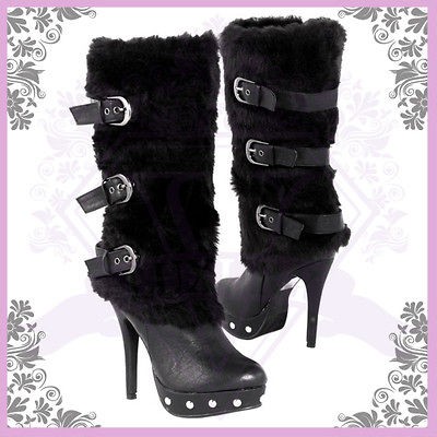 Red Circle Furry Black Fur Mid Calf Platform High Heel Boots Woman 