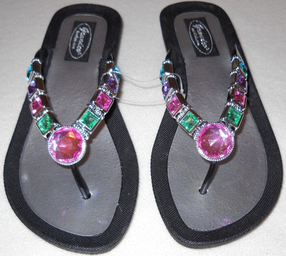 GRANDCO DRESSY Beach Pool THONG BLING Black PASTEL Gemstones Sandals 