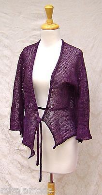   INTL AUBERGINE LINEN/COTTON KNIT WRAP TIE CARDI SPRING LAGENLOOK