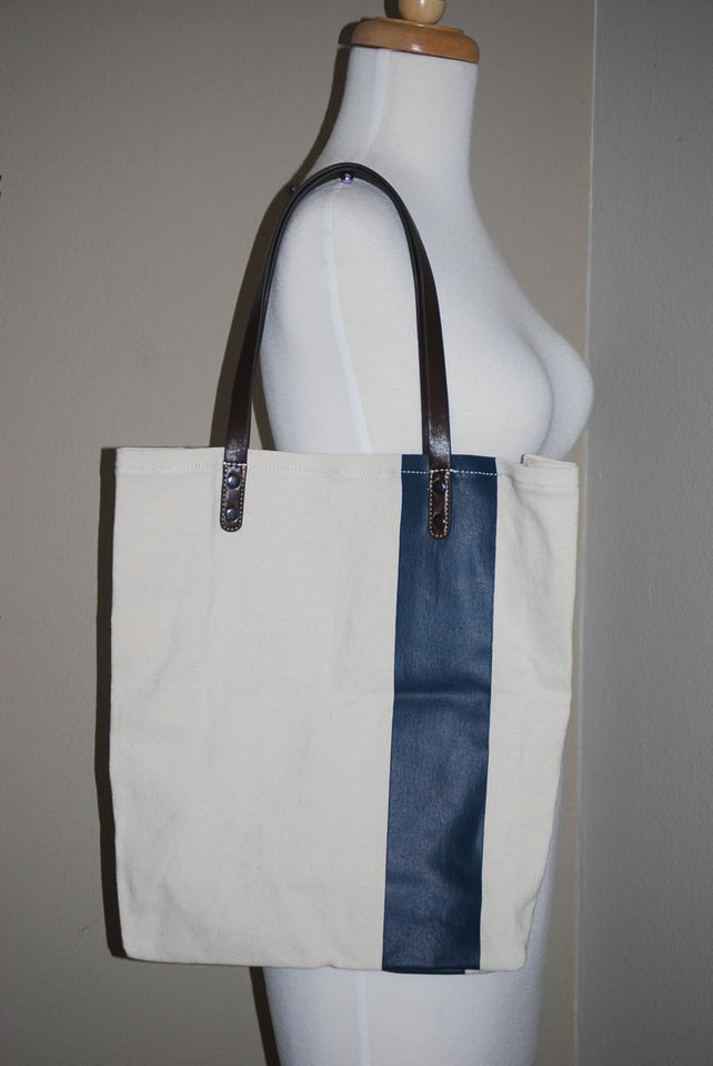 NEW J Crew Factory Racer Tote Purse Bag Shopper Stripe Natural Blue