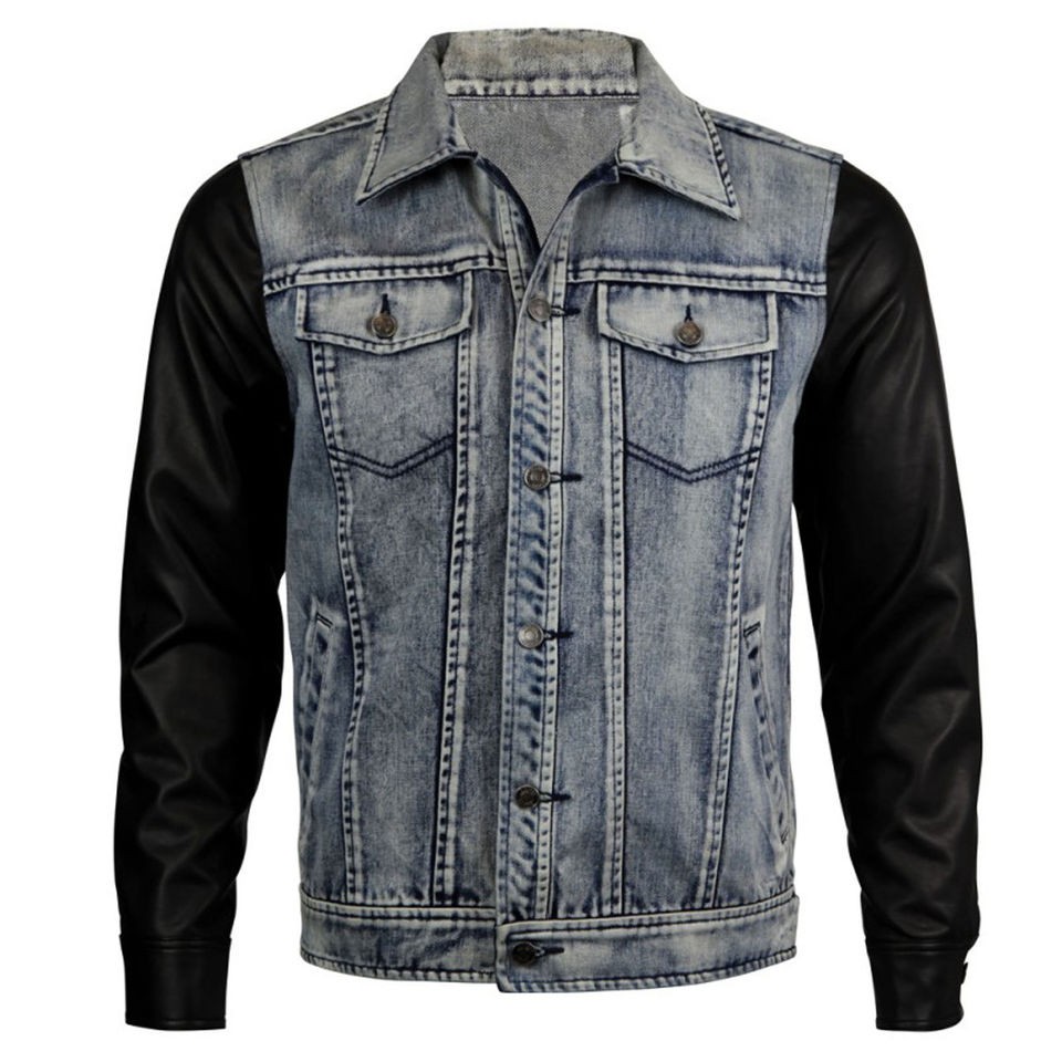 VIPARO Mens Acid Wash Denim Jacket with Black Leather Sleeves   Ryan