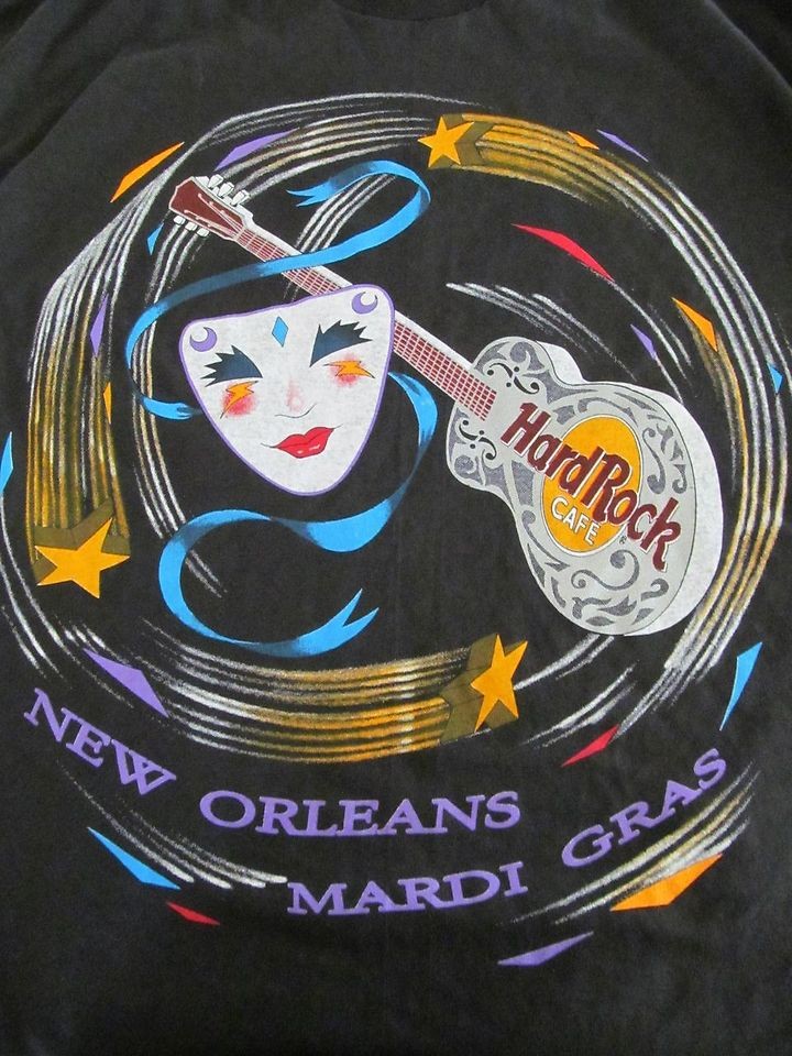   Cafe New Orleans Mardi Gras Graphic T Shirt Black Guitar Mask L Tee