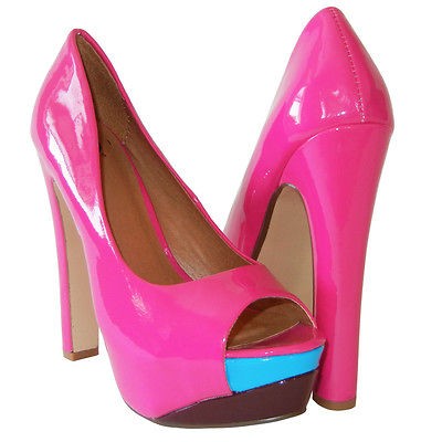 Hot Pink Blue Multi Color Patent Peep Toe Sky Hi Platform Chunky Heel 