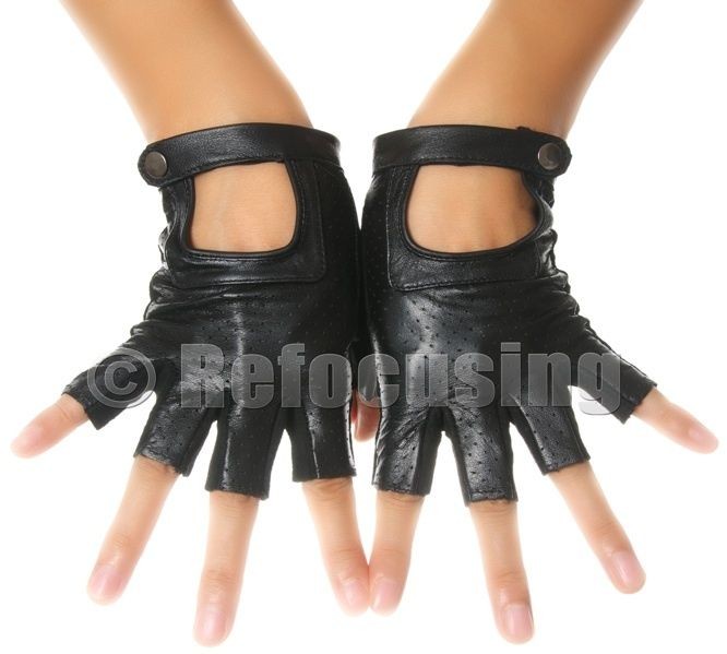 WOMENS BLACK LEATHER SUEDE FINGERLESS DRIVING GLOVES