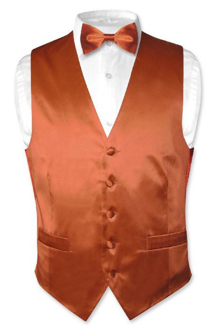 Biagio Mens Solid BURNT ORANGE SILK Dress Vest Bow Tie Set