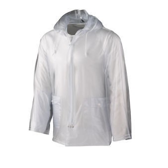 RAIN COAT, JACKET, CLEAR, DETACHABLE HOOD, POCKETS, ZIP UP, UNISEX, S 