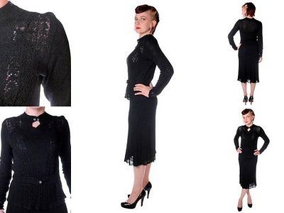 Vintage Black Knit Skirt Suit 1930s Glass Buttons Size Small