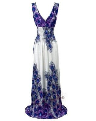 Sexy V Neck Peacock Maxi Party Sundress M Blue