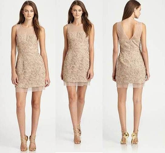 AUTH BCBG MAX AZRIA Abigail Ribbon Embroidery Dress CHAMPAGNE FREE 