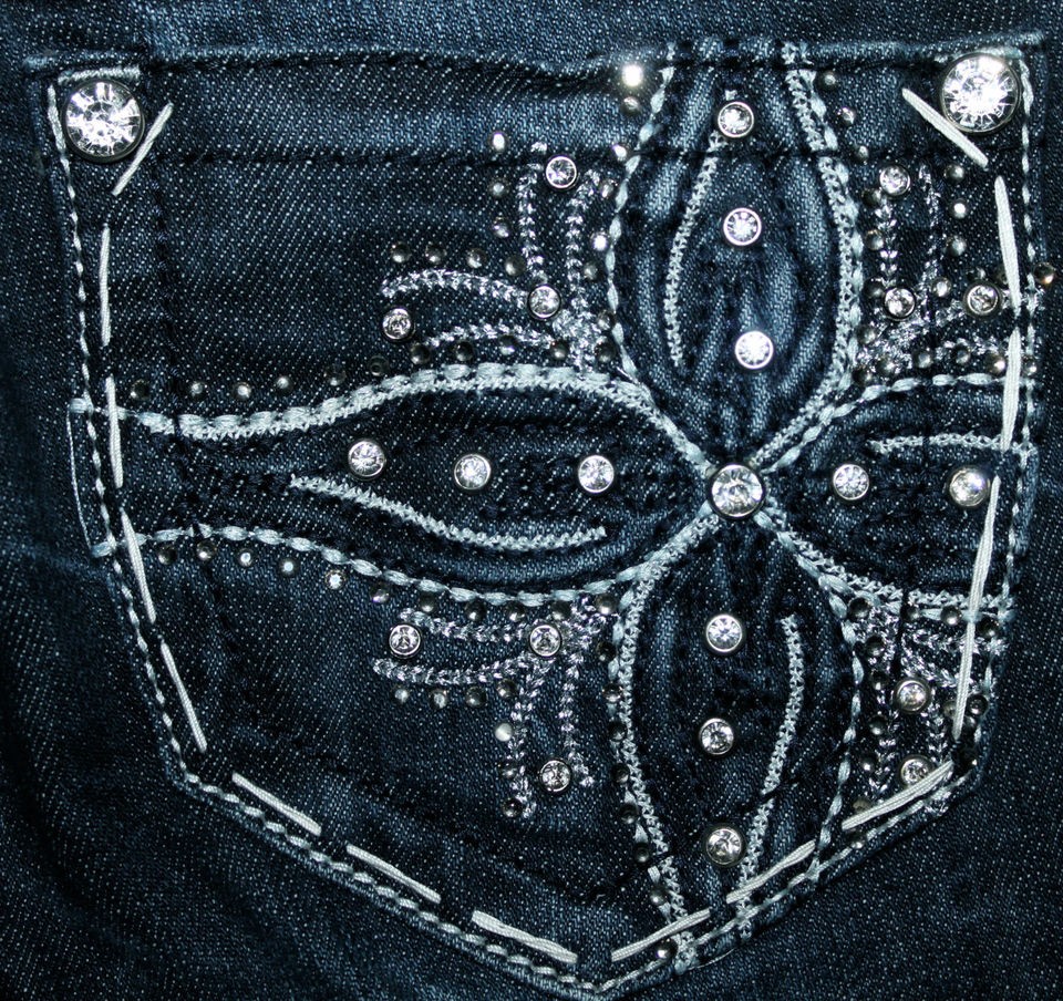 NEW GRACE IN LA JEANS DARK FLOWER CROSS AT THE BUCKLE BKE BOOT CUT 