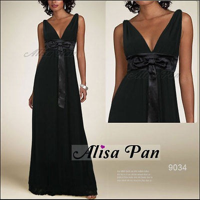 Ladies Black Double V neck Bowtie Empire Maxi Evening Gown 09034 US 