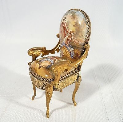 Antique FRENCH MINIATURE Ormolu CHAIR with LIMOGES ENAMEL PORTRAITS 