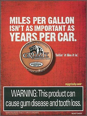 Grizzly Moist Snuff 2012 magazine print ad, chewing tobacco