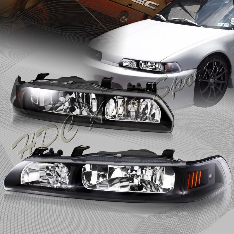 90 93 ACURA INTEGRA GS/LS/RS BLACK HOUSING 1PC HEAD LIGHTS W/AMBER 