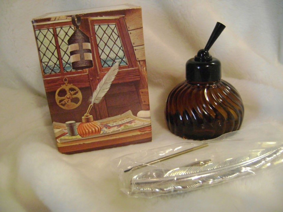 Vintage Ink Well Amber Glass 1969 Avon Windjammer After Shave Full 