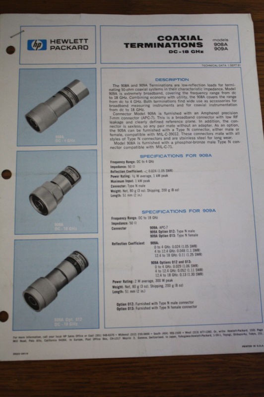 HP Coaxial Terminations DC 18 GHz 908A 909A Tech. Note