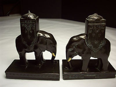 Vintage 1923 L.V. Aronson Black Metal Elephant Book Ends Collectible 