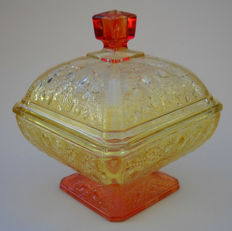 Jeannette Amberina Depression Carnival Glass Covered Candy Dish