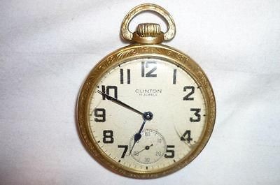 Vintage Clinton 17 Jewel Gold Engraved Rail Road Pocket Watch w/ Train