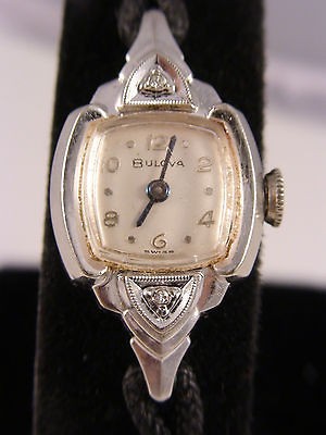   1956 DIAMOND BULOVA 10k WHITE GOLD RGP LADIES VTG WATCH SERVICED WORKS