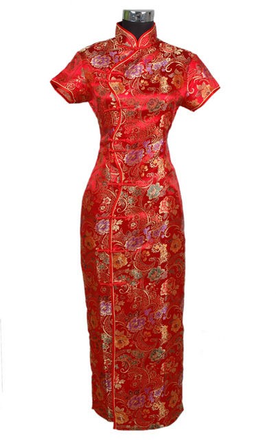 Spring Red Chinese Womens Satin Cheong sam Dress Qipao Flowers M L XL 