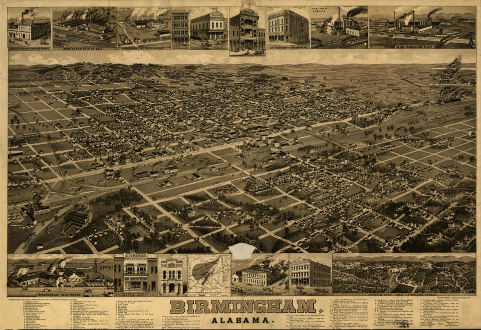 1885 City View of Birmingham, Alabama, Survey MAP, Nice Detail, biz 