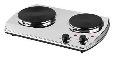    21898 1400 W Portable Chrome Double Burner w/2 Cast Iron Cook Plates