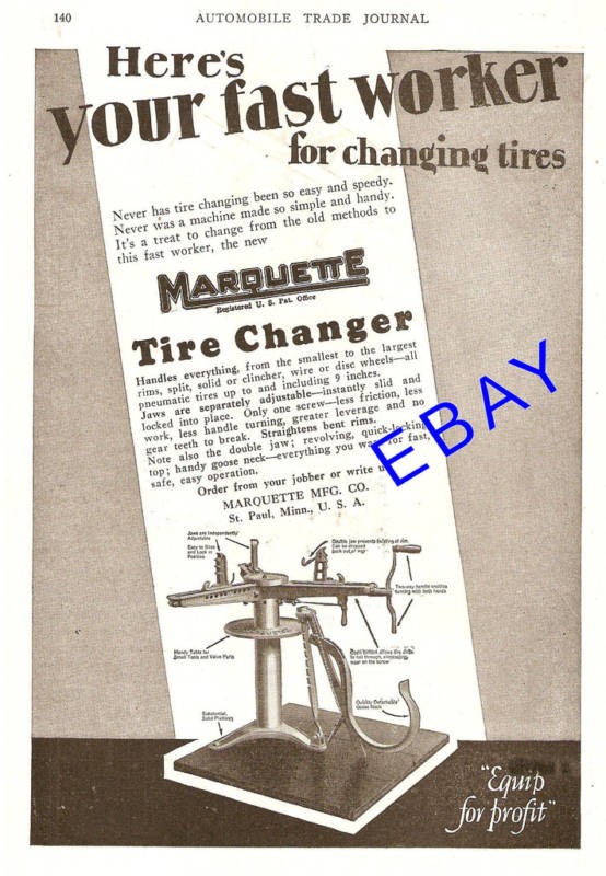 1928 MARQUETTE TIRE CHANGING MACHINE FLAT CHANGER AD