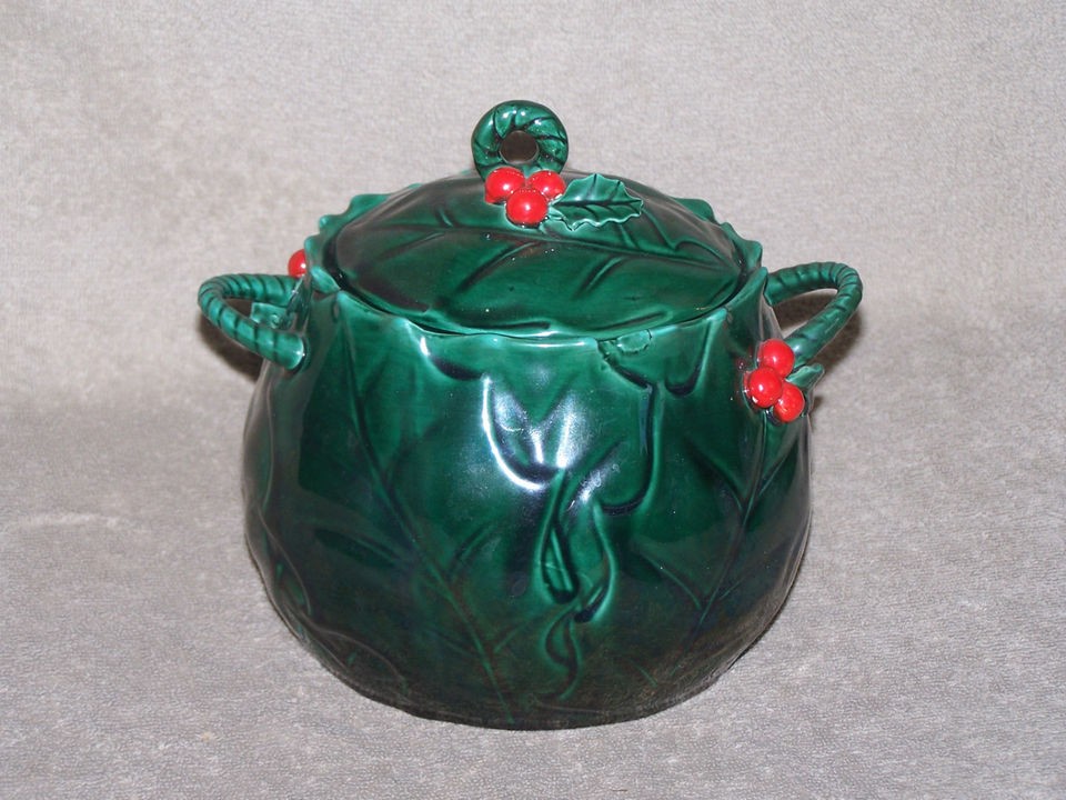 Lefton Vintage Green Holly Red Berries Cookie Biscuit Jar