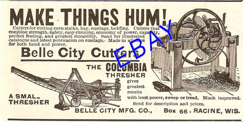 1900 BELLE CITY CORN STALK & HAY CUTTER AD RACINE WI