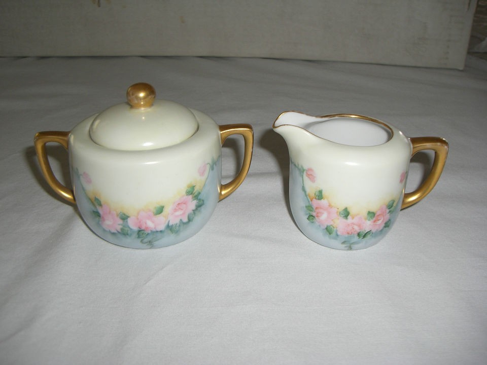 ANTIQUE CREAMER & SUGAR SET, GERMANY OR BAVARIA, HAND PAINTED, GOLD 