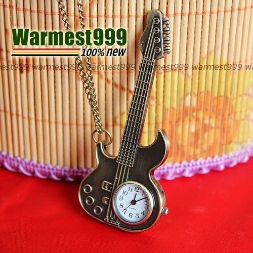 Antique Bronze Vintage Charm Guitar Quartz Pocket Watch Pendant 