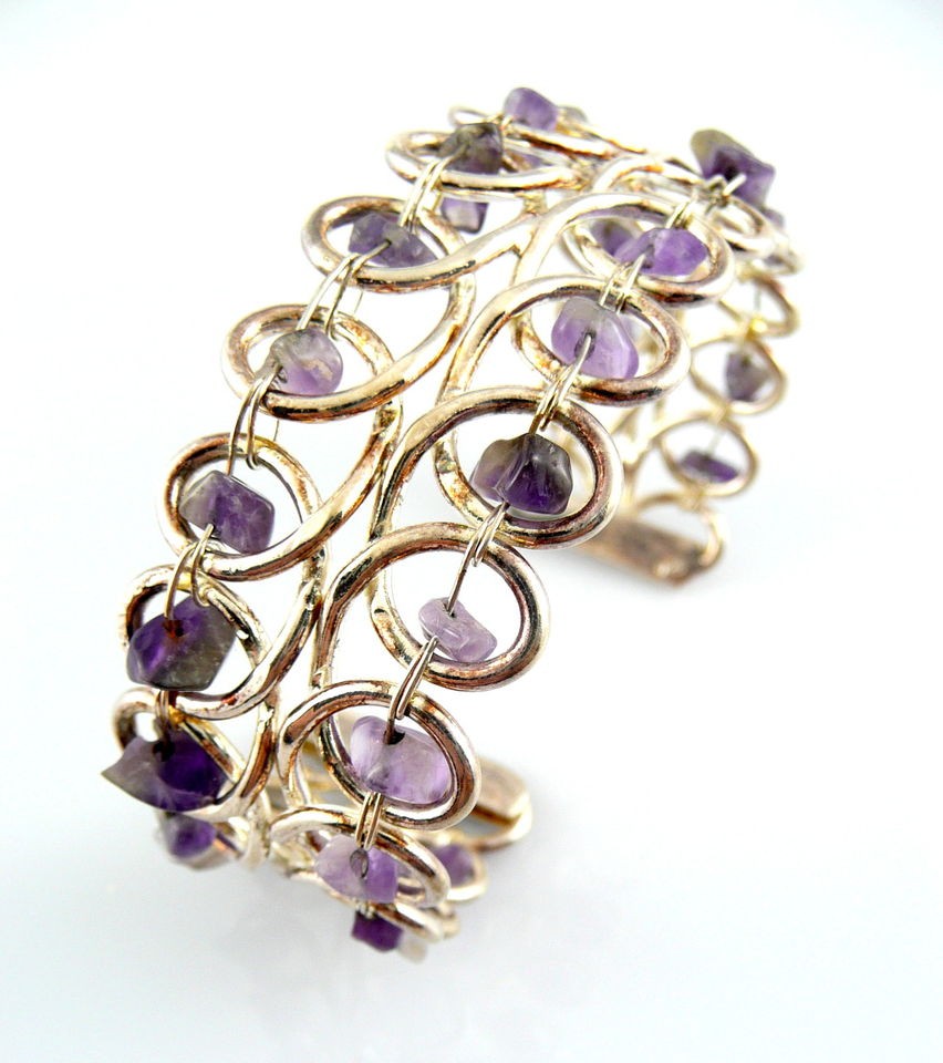   1960s 70s Modernist Sterling Silver & Amethyst Handmade Cuff BRACELET