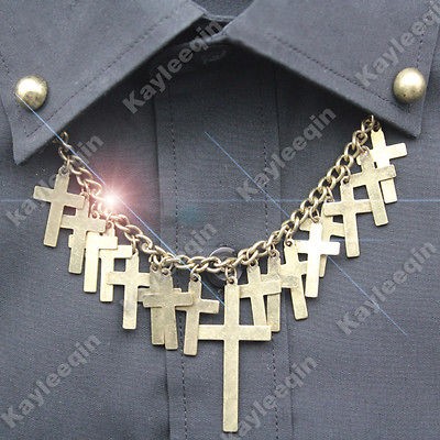   Copper Full Cross Dot Chain Blouse Shirt Collar Neck Tips Brooch Pin