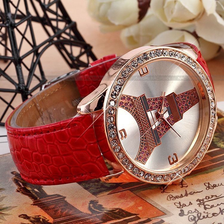   GOLD CASE EIFFEL TOWER FASHION CRYSTAL QUARTZ RED LEATHER SPORT WATCH