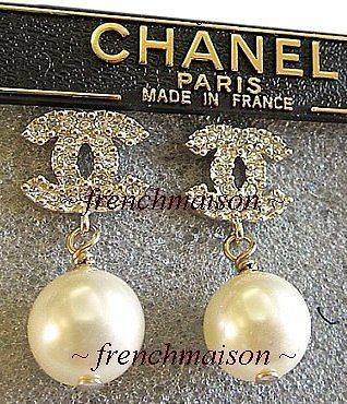   CHANEL 2012 Gold Crystal CC Logo + Pearl Drop Dangling Charm Earrings